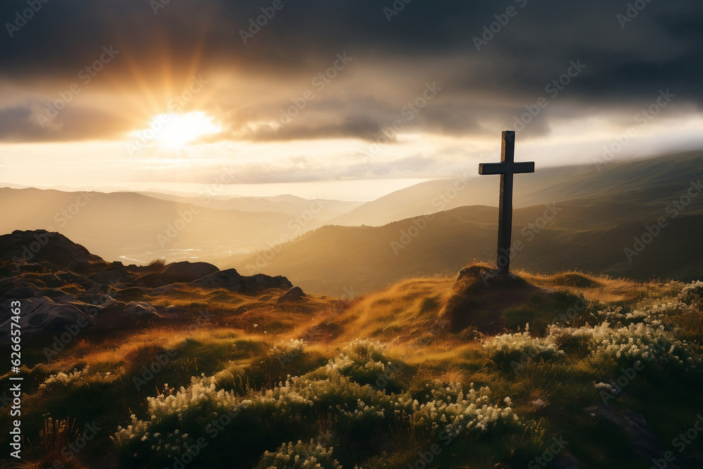 Rays of sunlight beaming down from clouds on hillside wooden cross