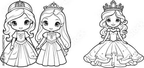 Kid coloring book character of little girl princess on isolated background, black outline, 100% editable and colorable