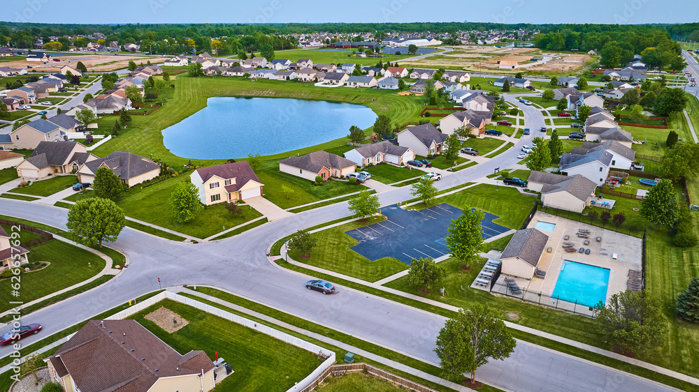 Big blue pond middle of neighborhood aerial with pool and parking lot many houses rural