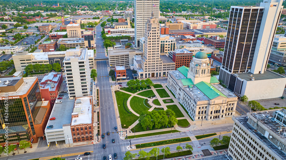Aerial downtown Fort Wayne with focal point on Allen County Courthouse