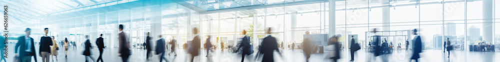 Blurred figures of business professionals strolling at an expo, conference, or within a contemporary hall, demonstrating motion speed blur, broad panoramic banner


Generative AI