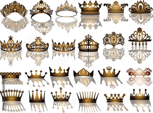 group of twenty four gold crowns isolated on white
