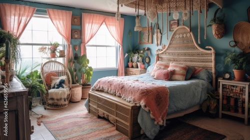 Bedroom decor, home interior design . Bohemian Eclectic style with Gallery Wall decorated with Rattan and Textiles material . Generative AI AIG26. photo