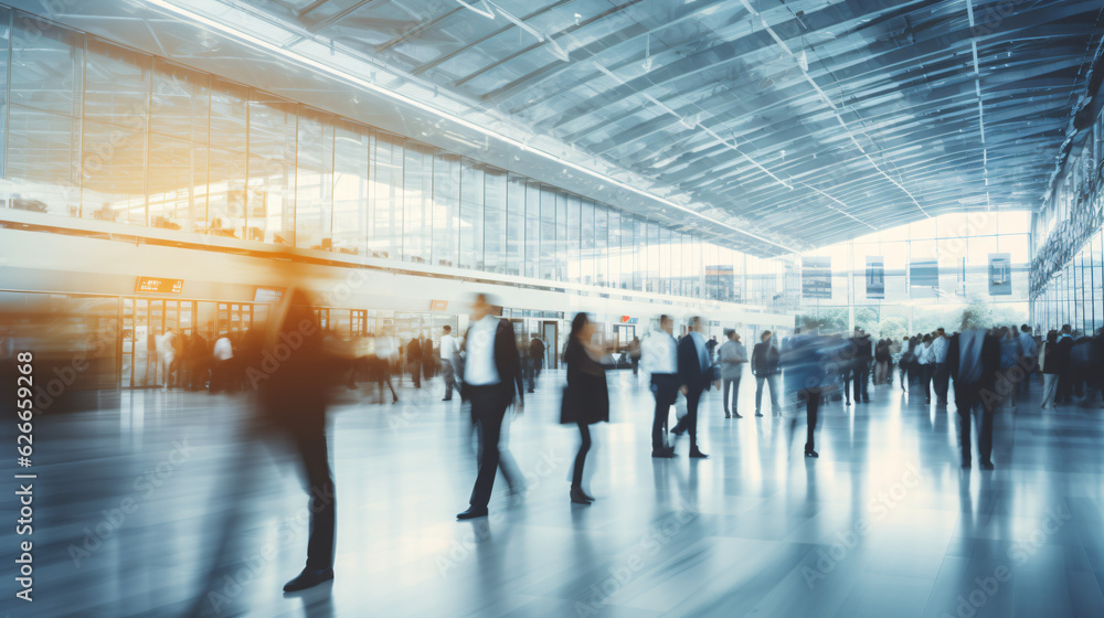 Blurred figures of business professionals strolling at an expo, conference, or within a contemporary hall, demonstrating motion speed blur, broad panoramic banner


Generative AI