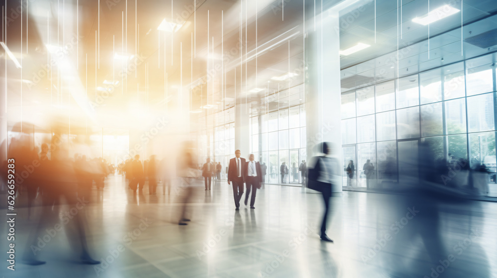 Blurred figures of business professionals strolling at an expo, conference, or within a contemporary hall, demonstrating motion speed blur, broad panoramic banner


Generative AI