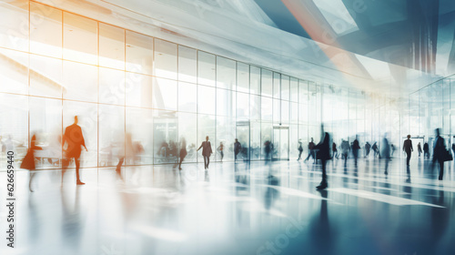 Blurred figures of business professionals strolling at an expo, conference, or within a contemporary hall, demonstrating motion speed blur, broad panoramic banner


Generative AI