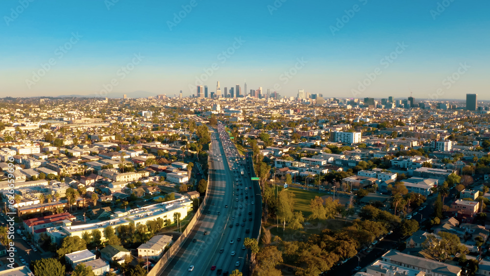 Obraz premium Aerial view of a freeway intersection in Los Angeles. 