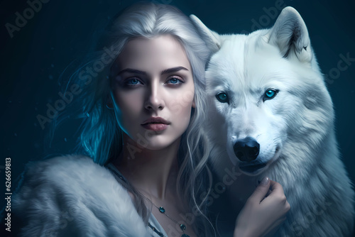 Beautiful ice queen with white wolf by her side photo