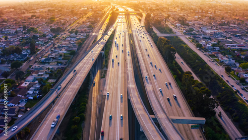 Aerial view of a freeway intersection in Los Angeles. 