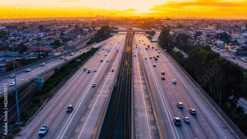 Aerial view of a freeway intersection in Los Angeles. 
