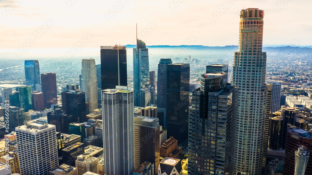 Obraz premium Drone view of downtown Los Angeles or LA skyline with skyscrapers. 