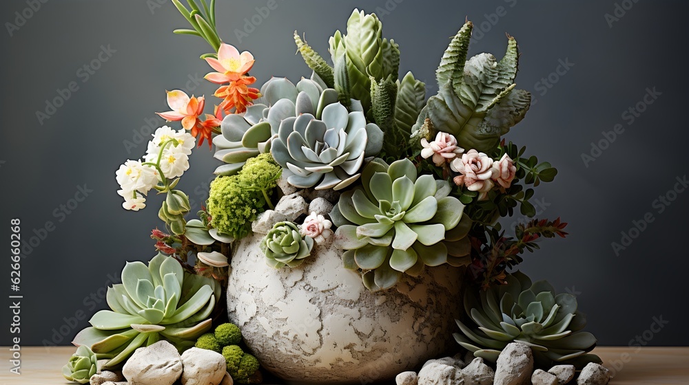 Obraz premium An exquisite image of a luxurious centerpiece arrangement featuring a variety of succulents and cactus plants in a designer planters.