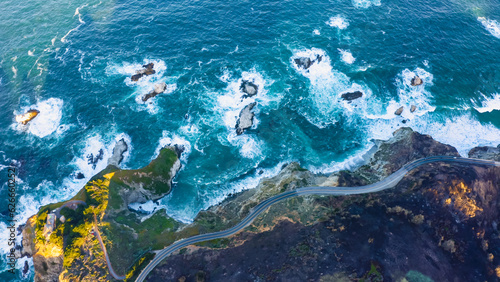 Spectacular drone photo, top view of seascape ocean wave crashing rocky cliff. Beauty of the sea. Beaches where land and sea meet seascape. 