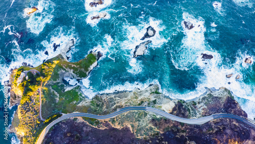 Spectacular drone photo, top view of seascape ocean wave crashing rocky cliff. Beauty of the sea. Beaches where land and sea meet seascape. 