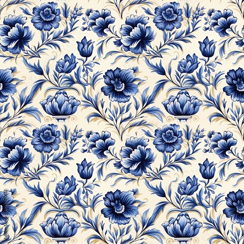 Seamless pattern with blue flowers and branches. Vector illustration. Tile