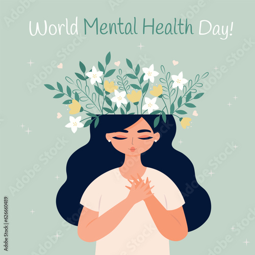 World mental health day, woman with flowers in head. October 10.  