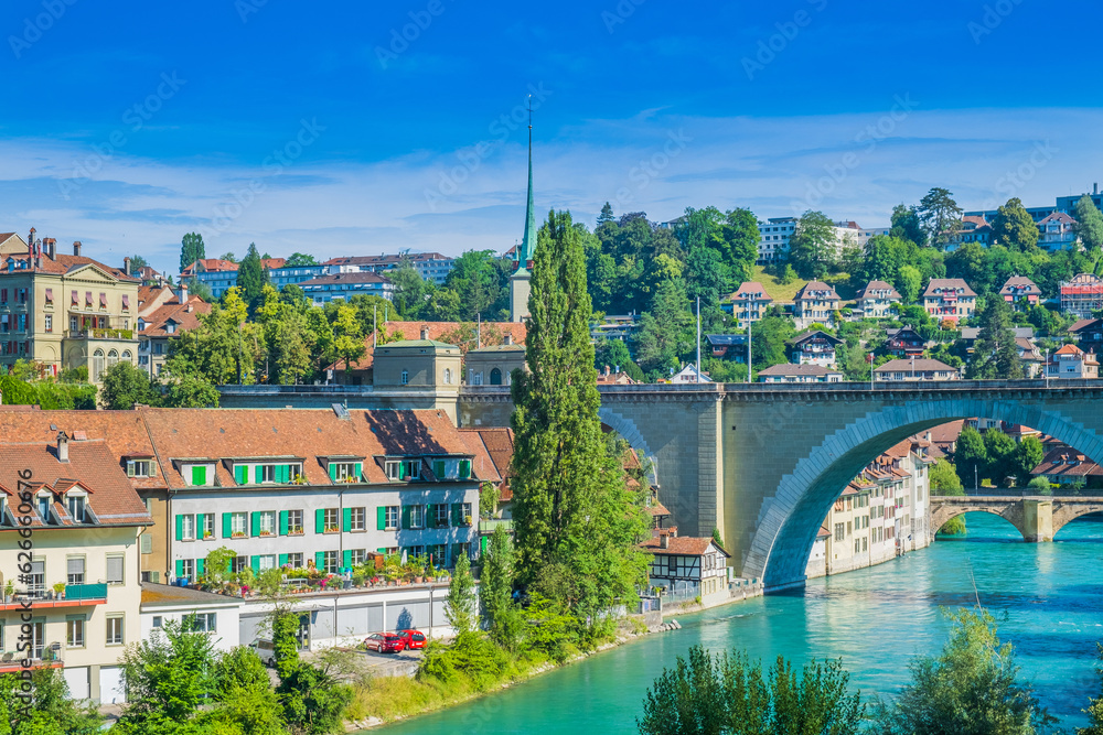 Old city center and Nydeggbrucke bridge over river Aare, Bern Switzerland. 