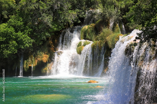 Cascade waterfall in Krka Landscape Park  Croatia. The best big beautiful Croatian waterfalls  mountains and nature.