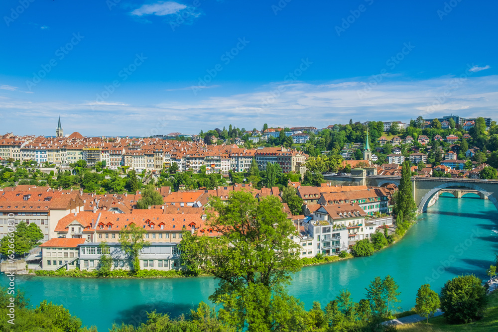 Panoramic view of Aare river, Nydeggbrucke bridge and old town of Bern, Switzerland 