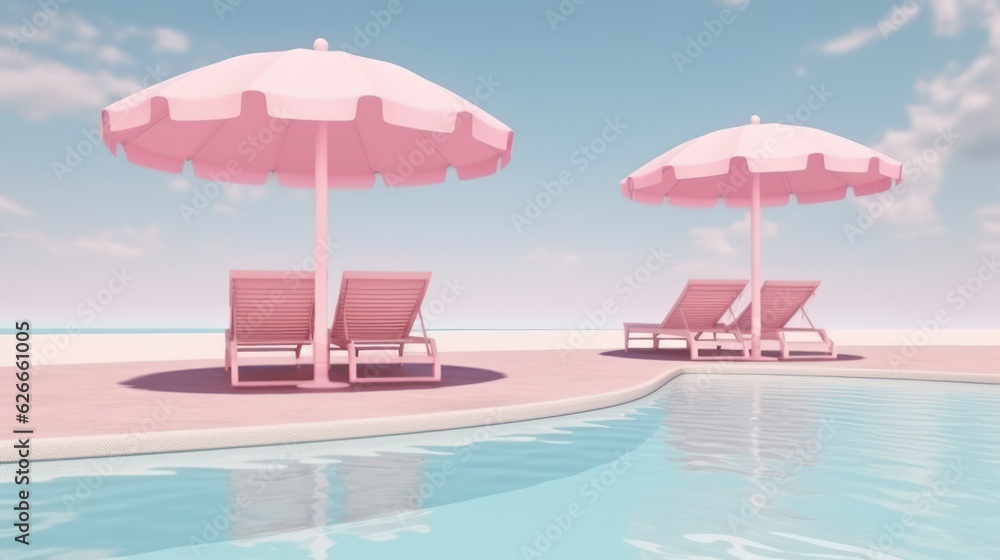 Pink sun parasol and pink beach chairs by pool, peaceful Pink summer concept with clear blue sky and water.