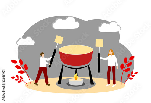 Fondue. People eat fondue. Vector illustration isolated on white background.