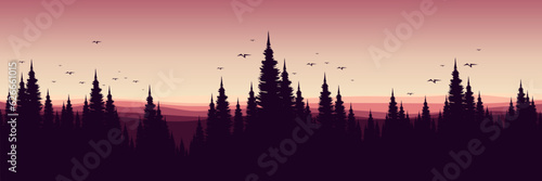 pine forest sunset silhouette mountain landscape vector illustration good for wallpaper, backdrop, background, web banner, and design template