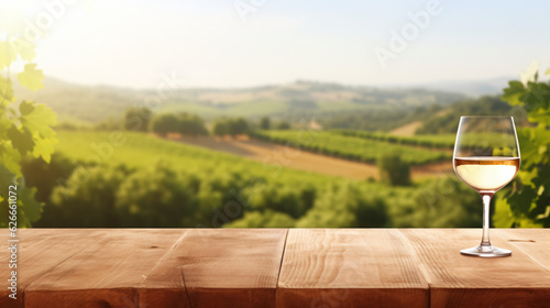 An empty wooden tabletop features a glass of wine  set against the blurred backdrop of a vineyard landscape  ready for product display or montage. This represents the concept of winery agriculture  ai