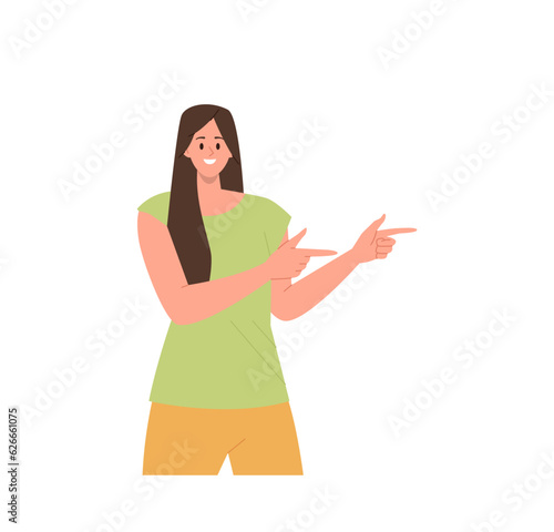 Excited young woman cartoon character showing pointing forefinger aside standing isolated on white