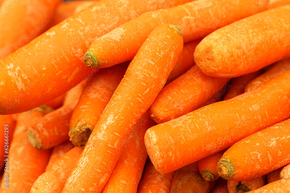 Showcase with carrots. Food market, close-up Showcase with carrots. Food market, close-up