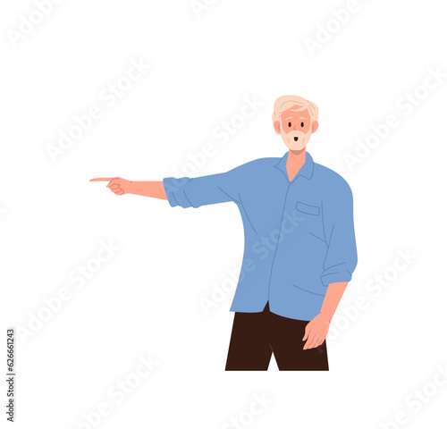 Shocked amazed senior man character pointing right with forefinger standing on white background