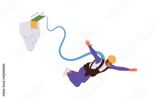Brave sportsman wearing helmet enjoying rope or bungee jumping isolated on white background
