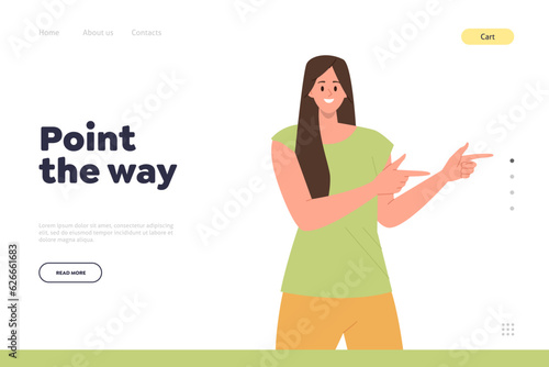 Point way landing page design template with happy smiling woman directing with hands to left