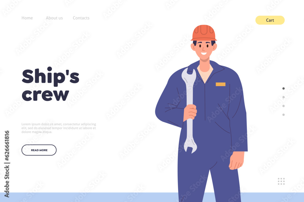 Ship crew repair service landing page design template with marine mechanic in uniform holding wrench Ship crew repair service landing page design template with marine mechanic in uniform holding wrench