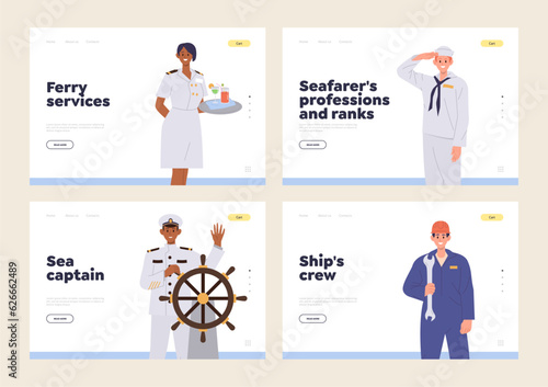 Professional ship crew qualified mariner team online school or service isolated set of landing page