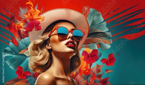 beautiful woman with sunglasses, Tropical photo collage, in the style of modernism-inspired portraiture, retro pop art inspirations © 18042011