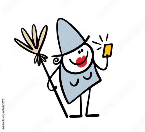 Fashionable, modern witch with a broom and makeup takes a selfie on a smartphone. Vector illustration of a Halloween party and a female stickman.