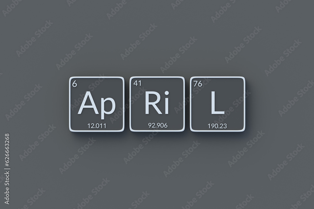 Word april in periodic table of elements style on metallic buttons. Top view. 3d render Word april in periodic table of elements style on metallic buttons. Top view. 3d render