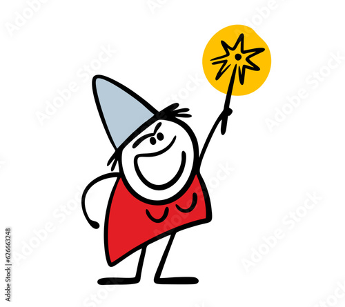 Hand drawn witch raised a magic wand over her head and uttered a terrible spell. Vector illustration of actor in costume at Halloween party.