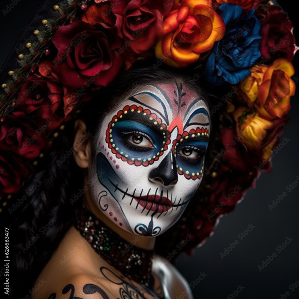 close-up young woman with make-up at the festival Day of the Dead - Dia de los Muertos (Day of the dead) - a holiday dedicated to the memory of the dead.on a dark background .generative Ai
