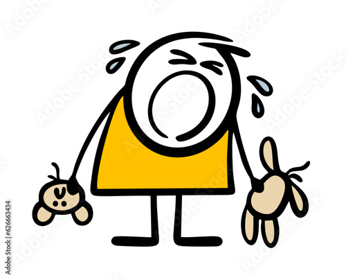 Boy holds broken teddy bear toy without a head in his hand. Vector illustration of child screaming and crying, suffering from resentment.