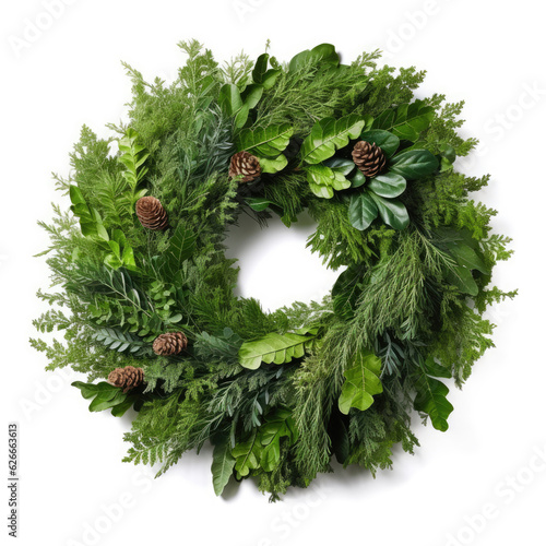 Christmas wreath of their coniferous tree branches isolated on white background. photo