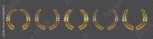Vector gold laurels set. Circular foliate golden laurels branches. Laurel wreath silhouette. Trophy crest. Greek olive branch award, winner round emblem