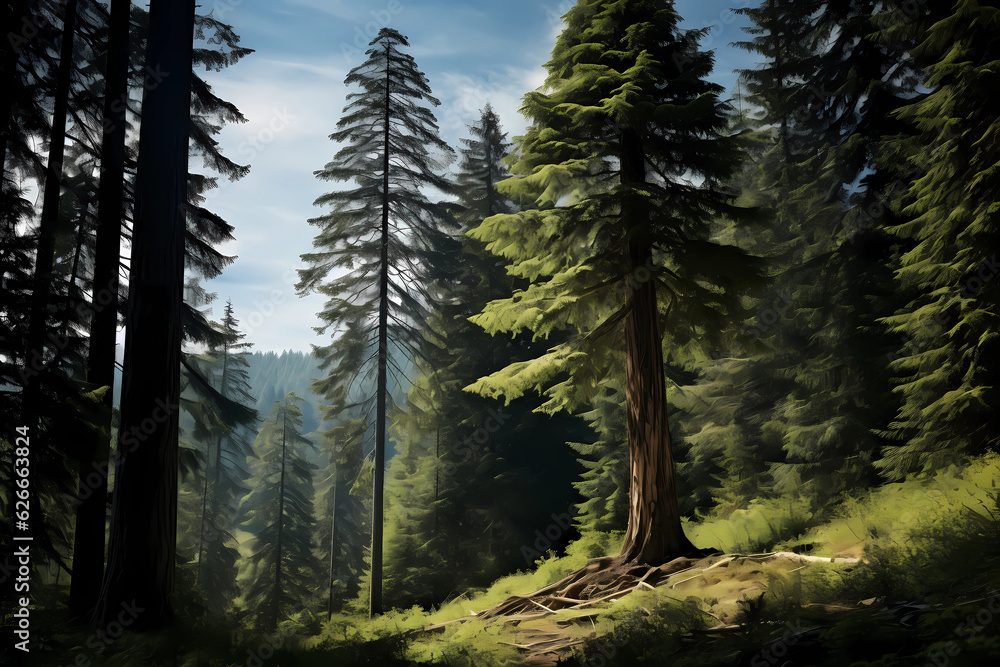 Douglas fir (Pseudotsuga menziesii) North America Evergreen conifers with tall, straight