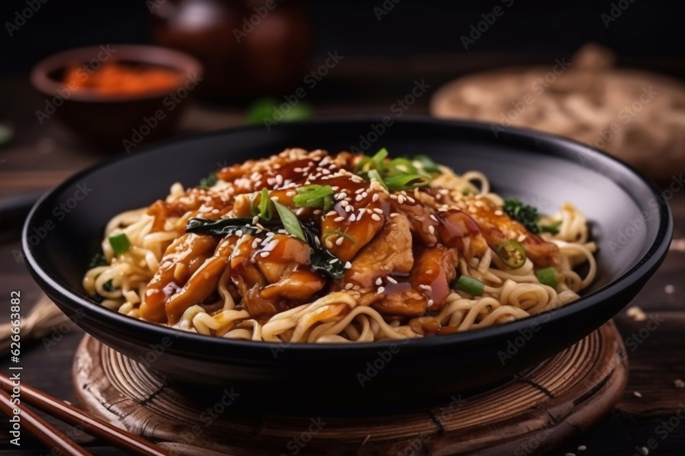 Thai noodles bowl with meat and teriyaki sauce. Restaurant serving. Menu photo. Generative AI. Thai noodles bowl with meat and teriyaki sauce. Restaurant serving. Menu photo. Generative AI.