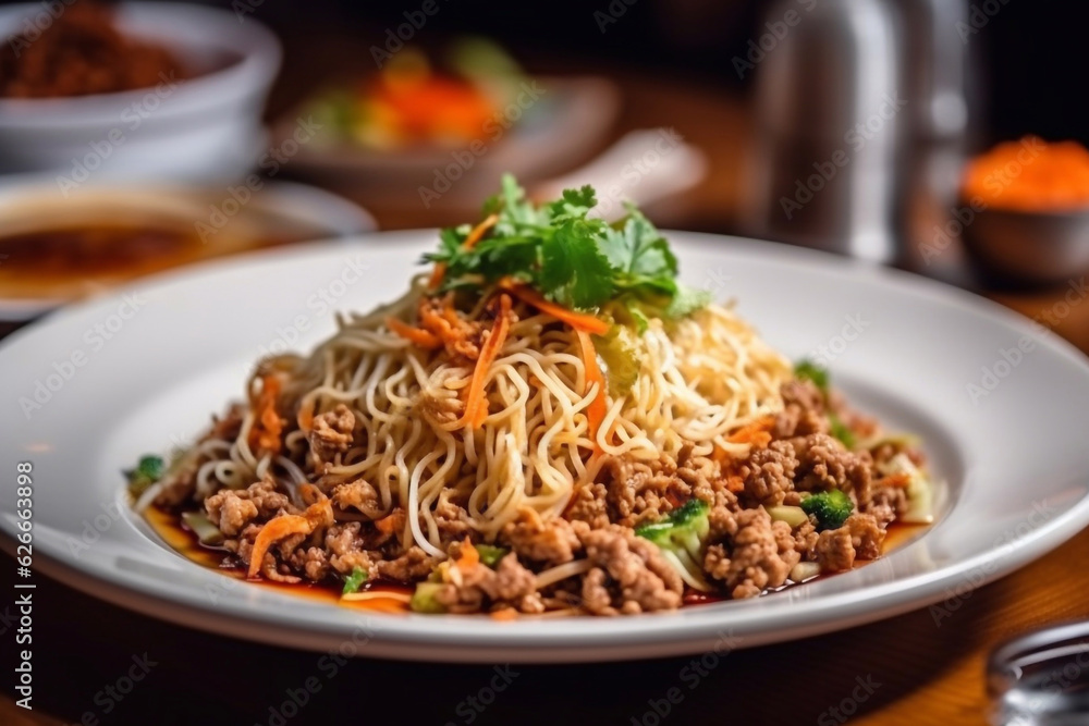Thai noodles bowl with meat and teriyaki sauce. Restaurant serving. Menu photo. Generative AI. Thai noodles bowl with meat and teriyaki sauce. Restaurant serving. Menu photo. Generative AI.