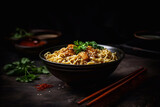 Thai noodles bowl with meat and teriyaki sauce. Restaurant serving. Menu photo. Generative AI.