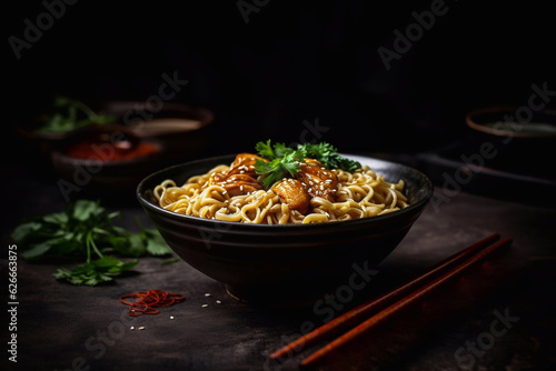 Thai noodles bowl with meat and teriyaki sauce. Restaurant serving. Menu photo. Generative AI.