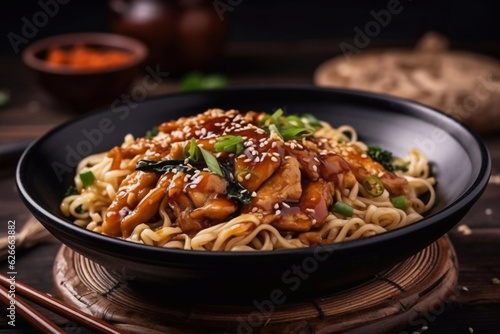 Thai noodles bowl with meat and teriyaki sauce. Restaurant serving. Menu photo. Generative AI.