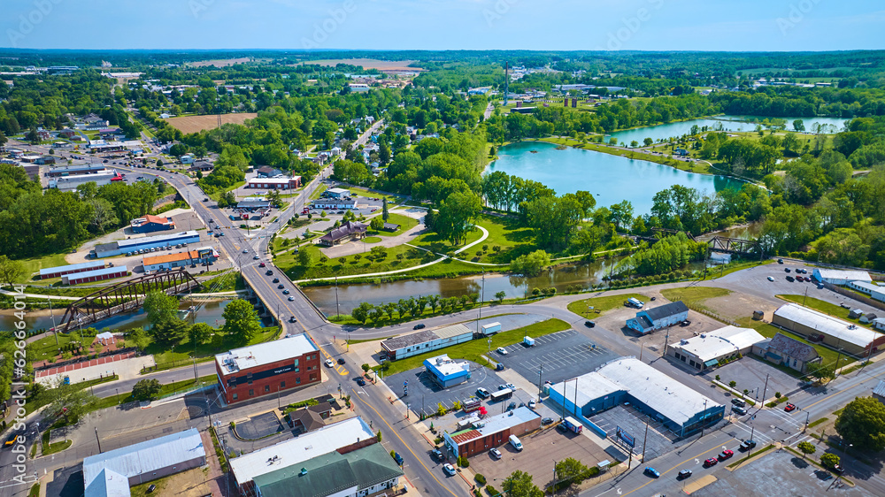 Ponds in Mount Vernon Ohio aerial drone shot overlooking city