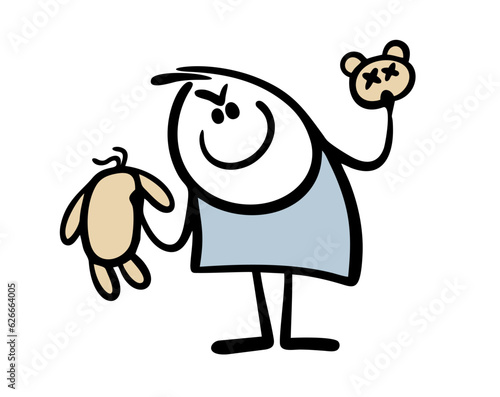 Cartoon insidious bully boy tore off the head of teddy bear. Vector illustration of a teenager spoiling a childs toy.